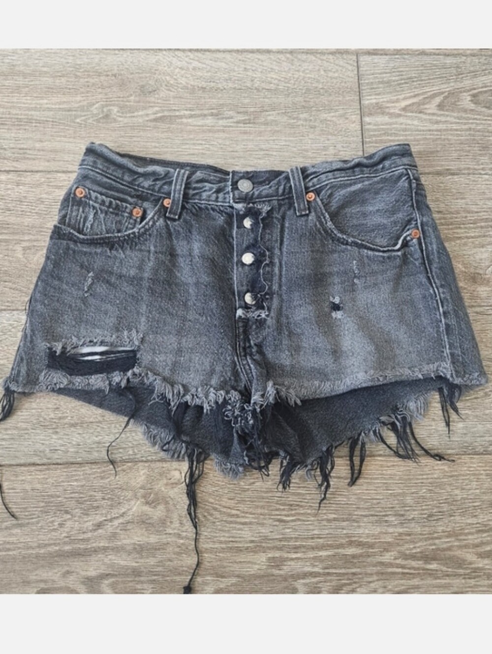 Levi's 501 Charcoal Distressed Button Fly Ripped Cutoff Denim Shorts